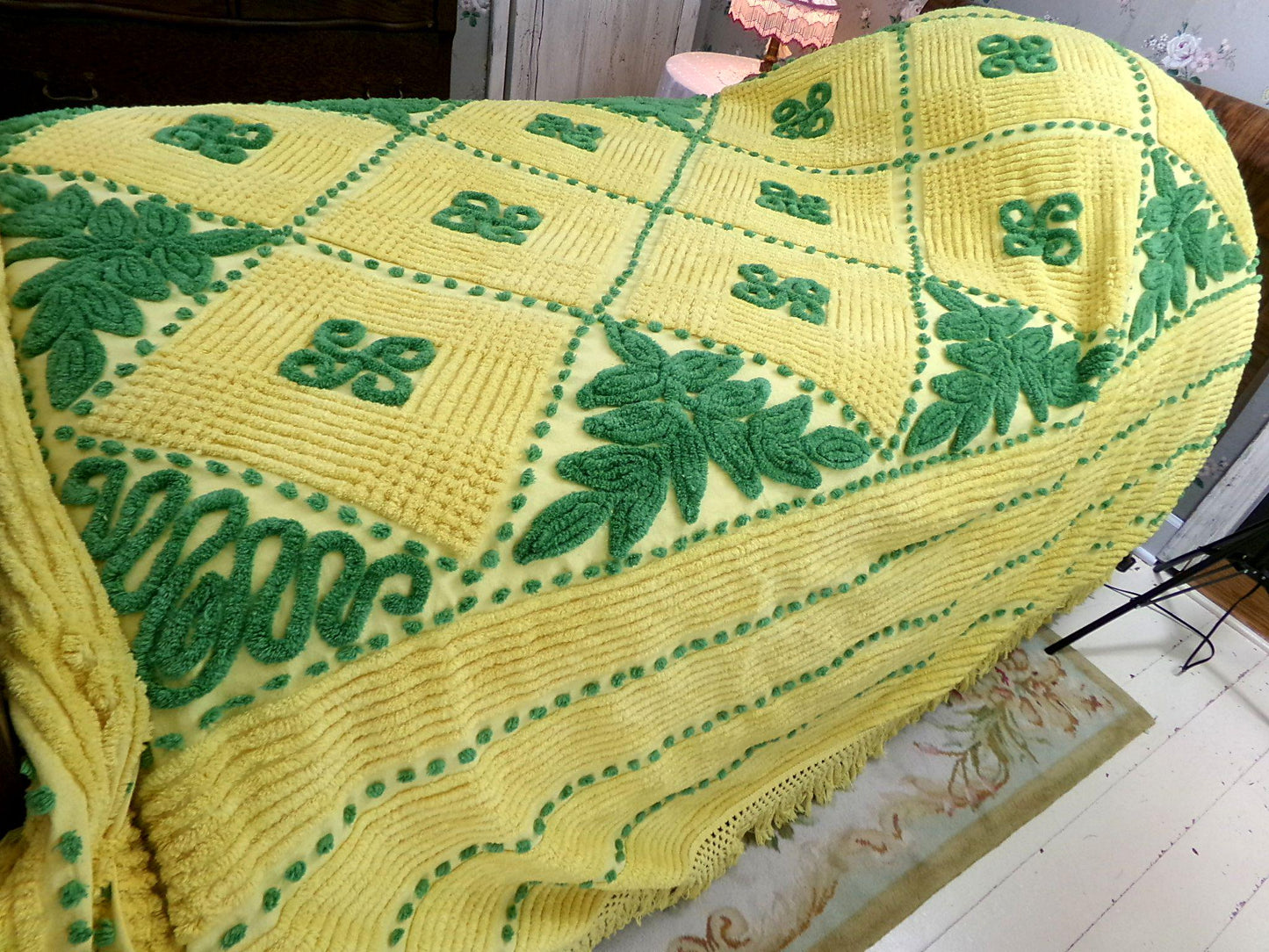 lucky leprechaun vintage chenille bedspread in mischievous emerald green & sunny yellow, plush cotton full size bedding with fringe