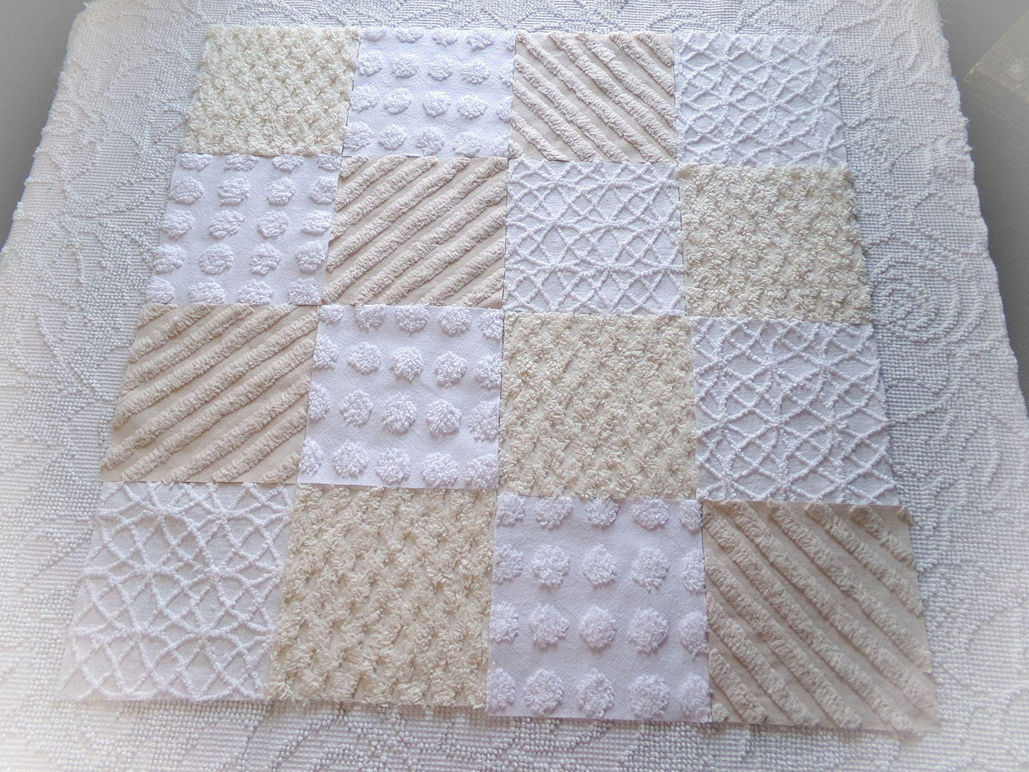 chic neutral chenille fabric squares, set of 16 vintage tan & white quilt blocks 6" ea, coin dot, geometric, infinity, for crafts, quilting