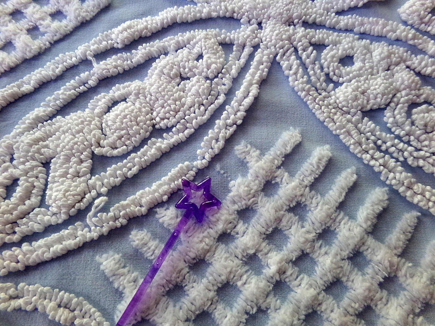 Shabby Chic Vintage Fabric, Porcelain White Rose Floral Chenille on Cloud Blue Cotton, 24" x 30" inch Piece, So Pretty in Pillows & Quilts