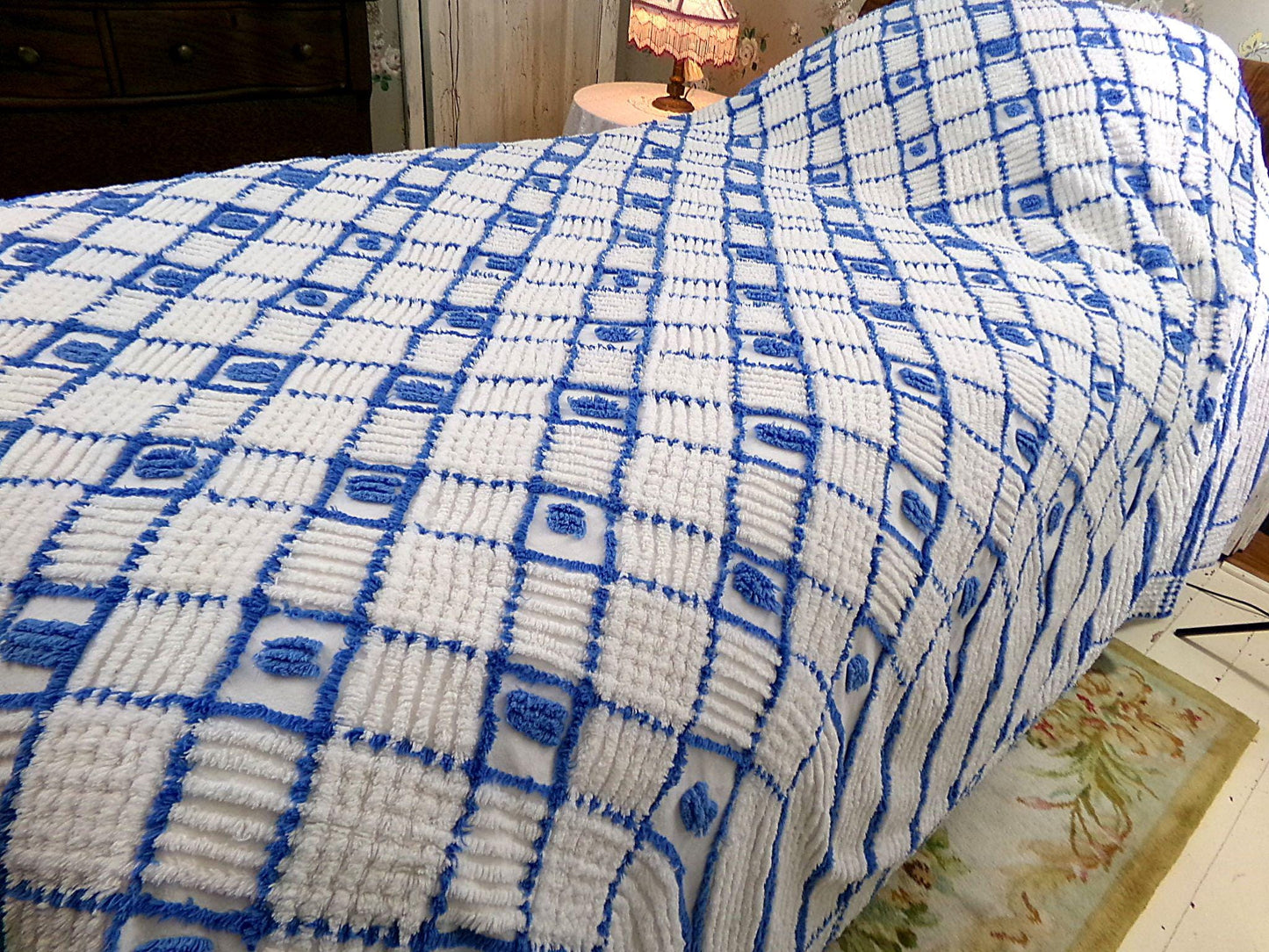 nautical vibes vintage chenille bedspread, blue dots on white cotton with cathedral stripes, full size coastal cottage bedding