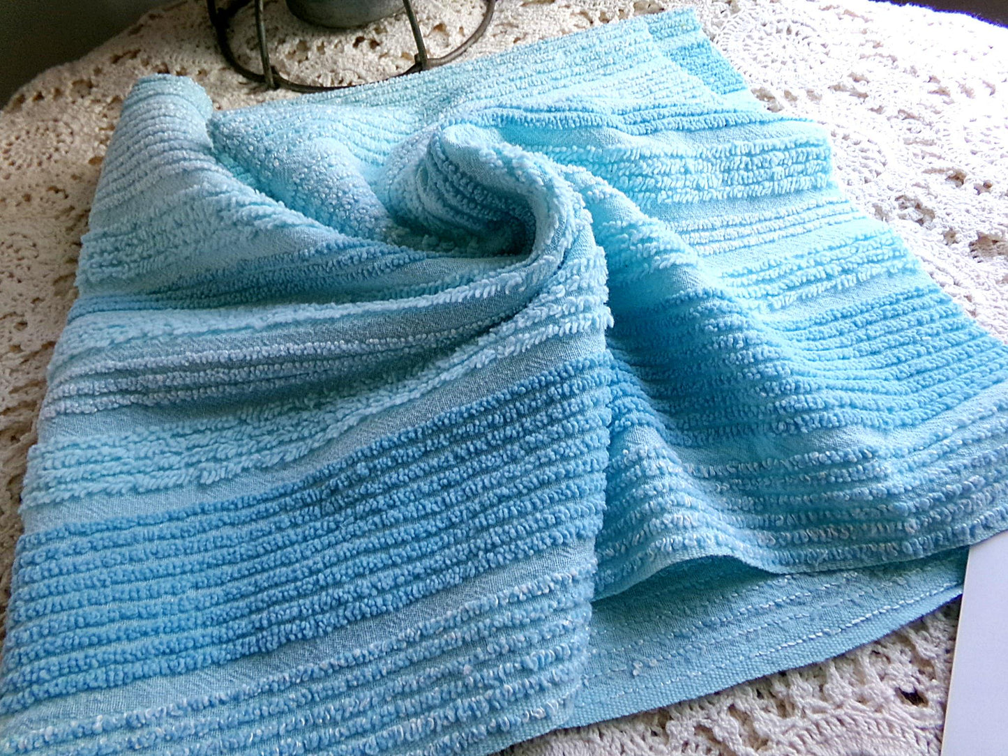 mermaid trail vintage striped chenille fabric, lightweight aqua sewing material with variegated multisize lines, 20" x 24" inch piece