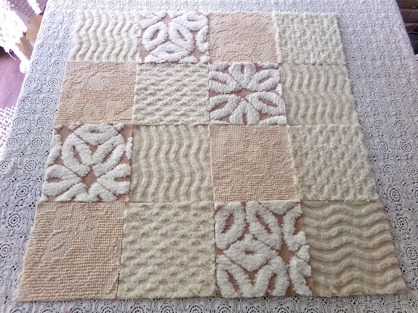 Creamy Neutrals Texturized Trendy Fabric Squares Set, Rotary Cut from Vintage Chenille Bedspread Fabric, 16 Blocks, 6" x 6" inch each