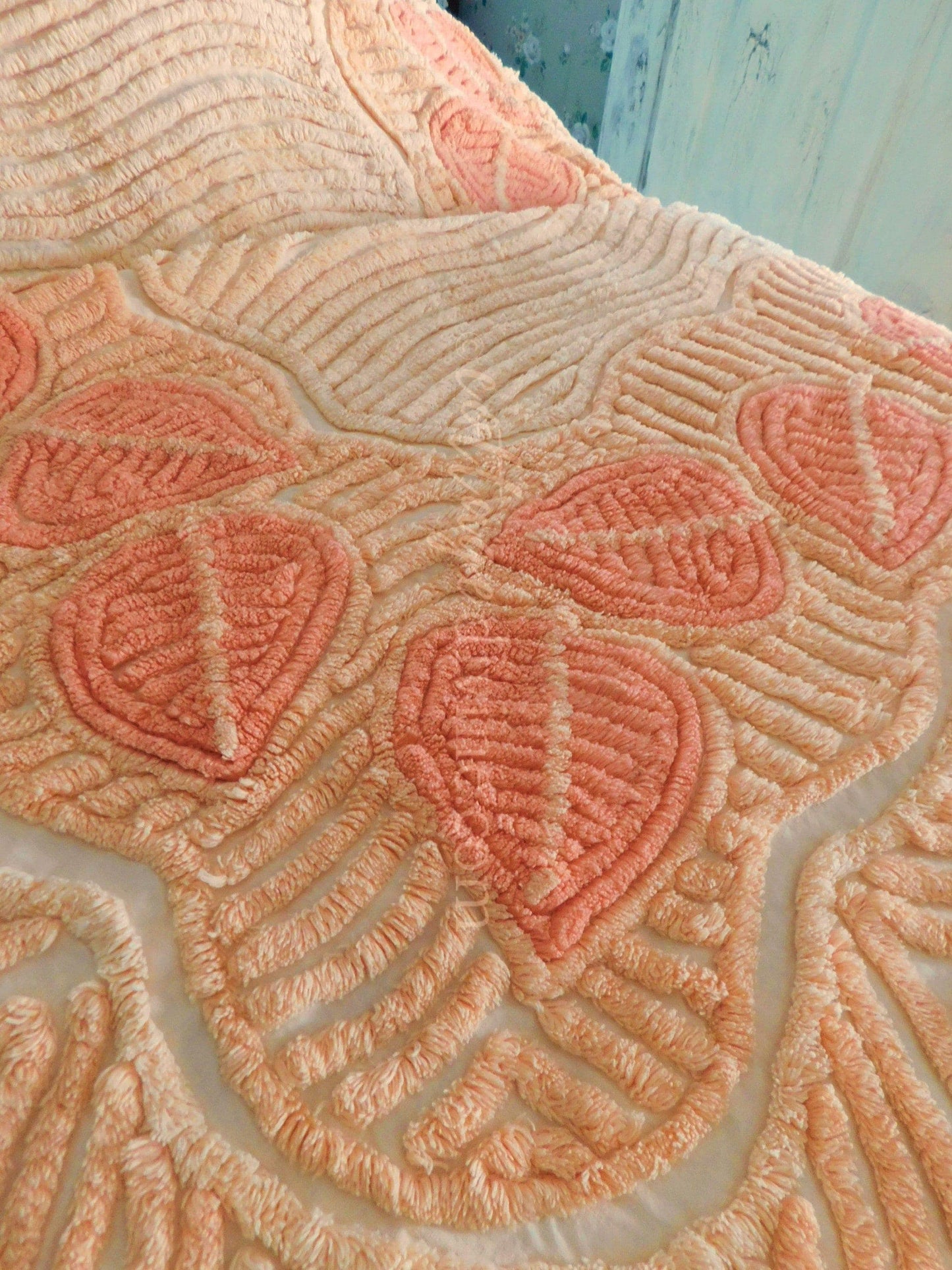 Fancy Falling Leaves Vintage Cozy Peach Chenille Bedspread, 1940s Era Cotton, Twin Size