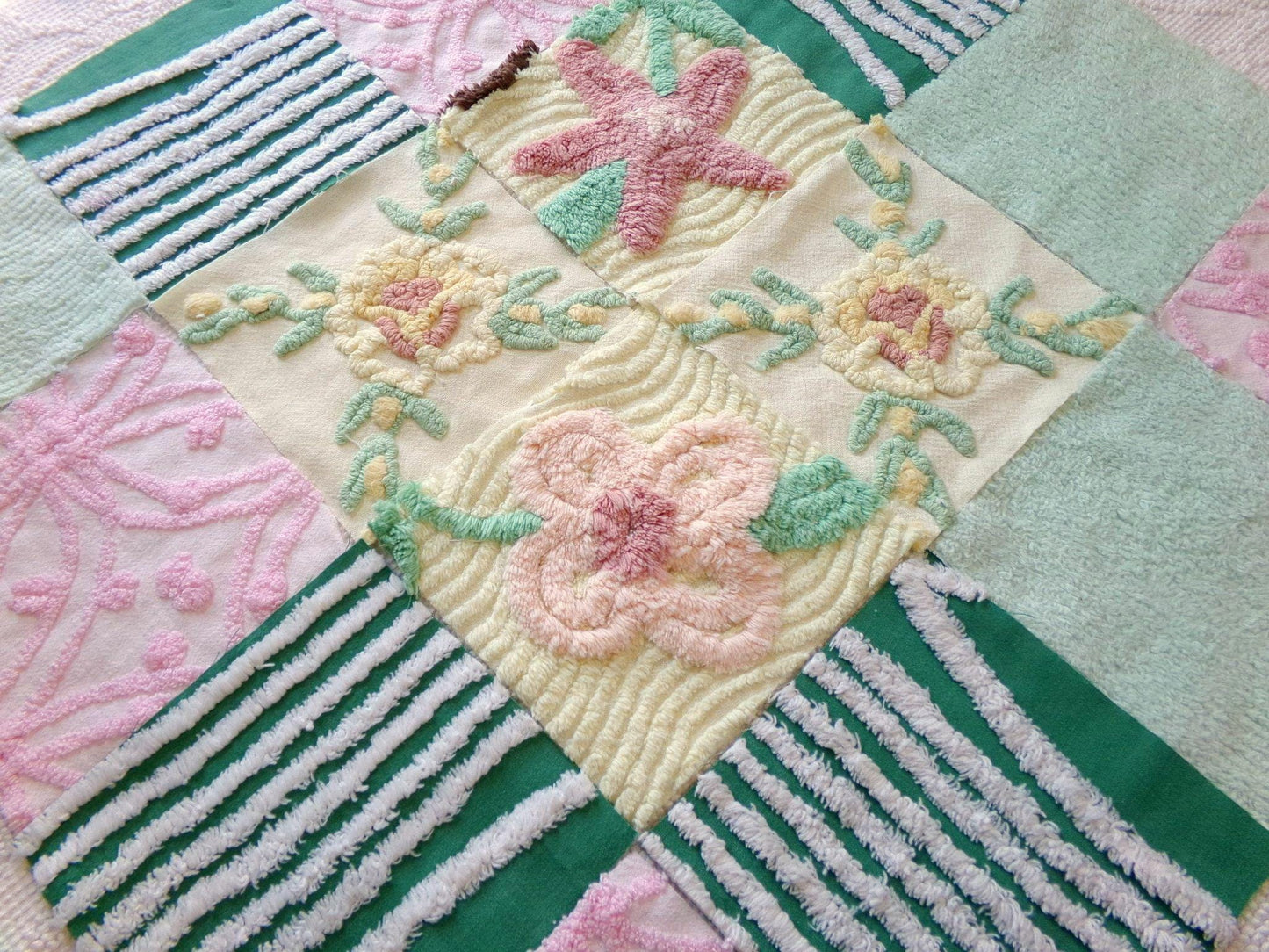 enchanted forest chenille fabric squares, set of 16 vintage craft quilt blocks 6" inches ea, yellow, green, pink & floral patterns