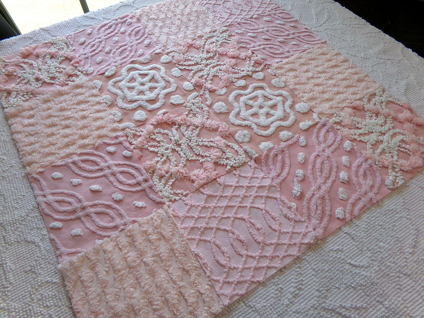 feminine glow vintage 6" chenille squares, set of 16 quilt blocks, rotary cut from pink & peach vintage chenille bedspread fabrics