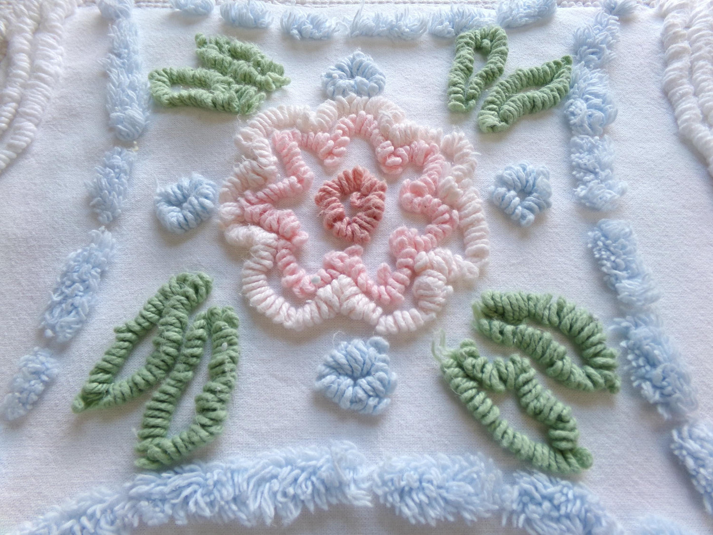 Country Cottage Chic Vintage Chenille Fabric, 20" x 21" Piece of Floral White Cotton Sewing Material, Upcycle into Pillows, Quilts