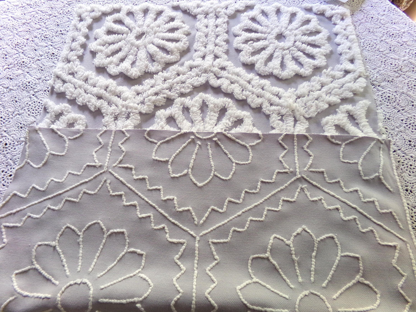 lavender mist cottage chic chenille fabric, plush white daisies, 17" x 26" piece of vintage sewing material for quilting, fiber arts