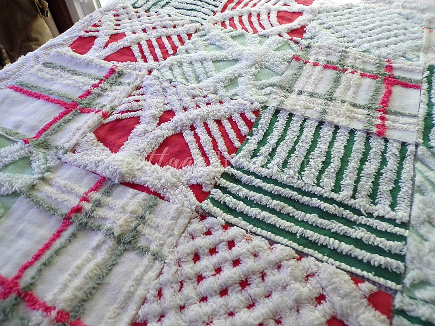 Christmas Quilt Squares Set, Rotary Cut from Vintage Chenille Bedspread Fabric, 16 Blocks, 6" x 6" inch, Traditional Red, Green & White