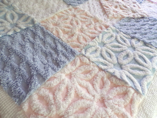Fluffy Soft 6" Chenille Fabric Squares, Set of 16 Quilt Blocks, Pink, Blue & White Daisy Designs Cut from Vintage Chenille Bedspreads