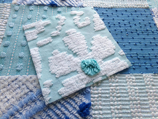 sea nymph vintage 6" chenille squares in mermaid colors, 17 assorted blue & aqua quilt blocks rotary cut from chenille bedspread fabrics