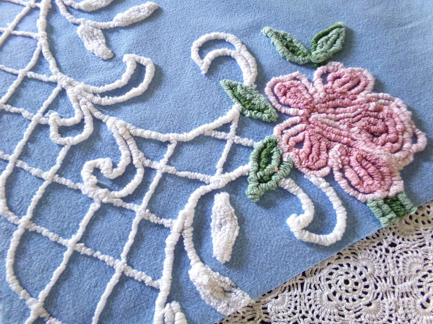 Romantic Pink Rose Vintage Chenille Fabric, 18" x 22" inch Piece, Blue Cotton Bkgd, Pretty for Pillow Covers or Quilting