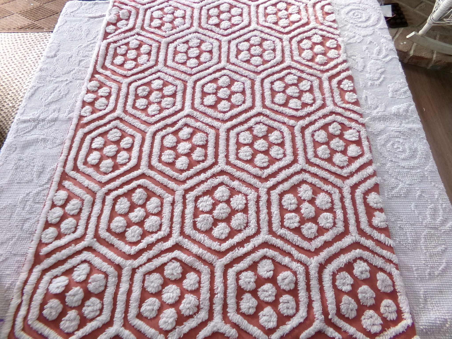Hippie Hexagon Reversible Vintage Chenille Fabric, Sewing Quilting Material in Boho Style Terracotta & White, 22.5" x 30" inch Piece