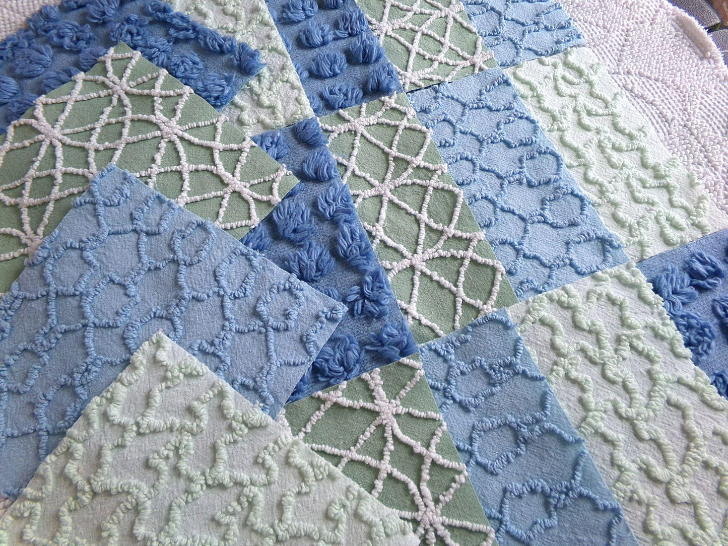 misty mermaid chenille fabric squares, 16 vintage 6" quilt blocks in coastal blue & green, for sewing, crafts, fiber arts
