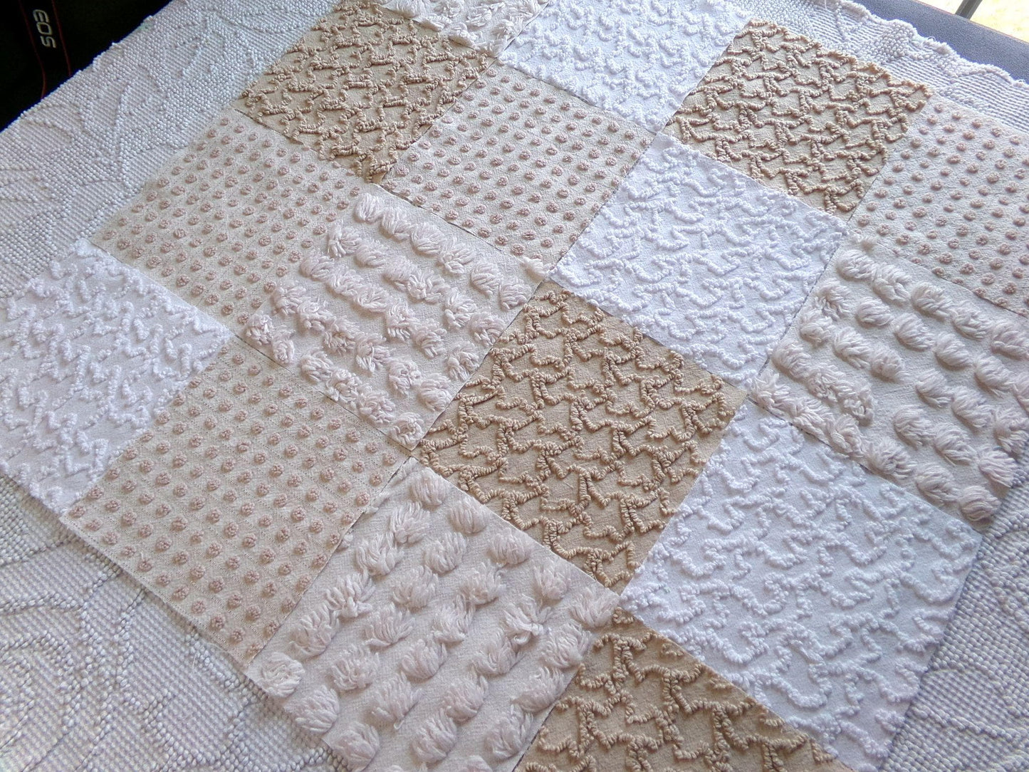 Neutral Modern Mocha & White Chenille Fabric Squares Set, 16 Vintage Quilt Blocks, 6" x 6" inches each, for Quilting, Sewing, DIY Pillows