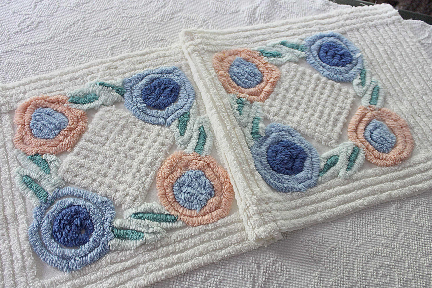 Pretty Vintage Chenille Fabric in Two Tone Blue & Iced Peach Roses on White, 13" x 30" inch Piece, Ideal for DIY Pillow Covers