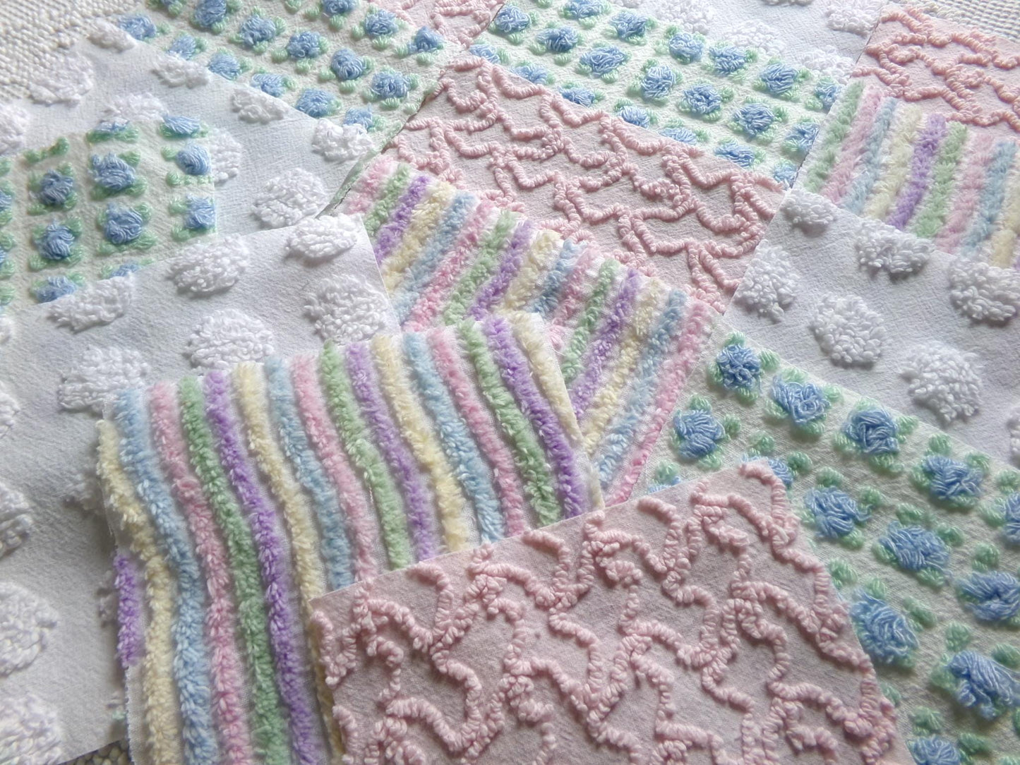 fairy fantasy chenille fabric squares, 16 vintage 6" quilt blocks in pastel rainbow, pink & blue rosebud, for sewing, crafts, fiber arts