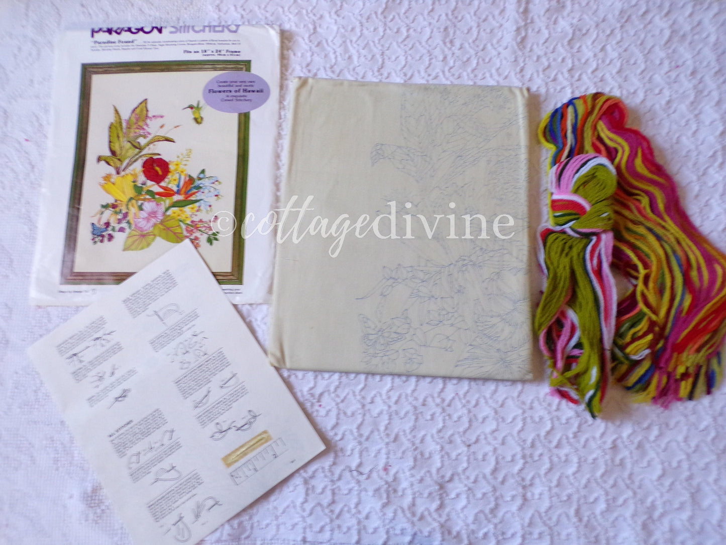 PARADISE FOUND Flowers of Hawaii Hummingbird Vintage Crewel Stitchery Kit by Paragon, Georgia Ball, # 0308