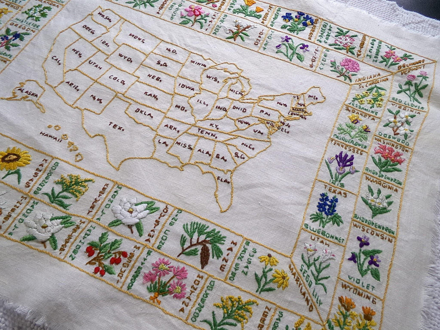 Vintage Embroidery Sampler 50 United States Flowers USA Map Heirloom Piece on 100% Belgian Linen, Paragon Stitchery, Completed, Unframed