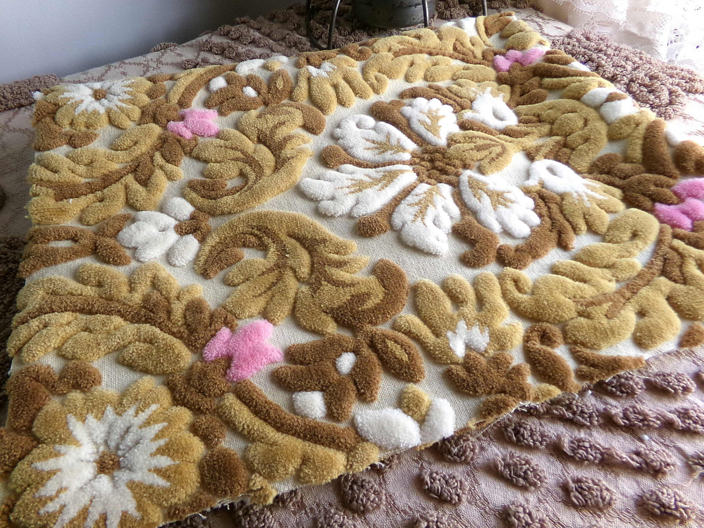 lux caramel chocolate cut velvet fabric, vintage Bates tapestry chenille, 12" x 21" inch piece, ideal sewing material for small bags