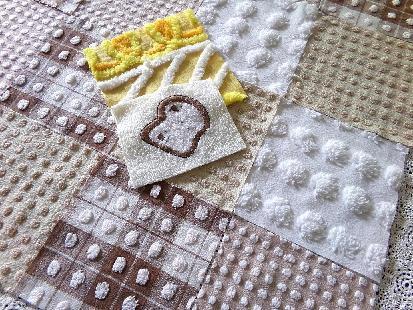 Breakfast Time Novelty Chenille Fabric Squares Set, 16 Vintage Quilt Blocks, 6" x 6" inches each, for Quilting, Sewing, DIY Pillows