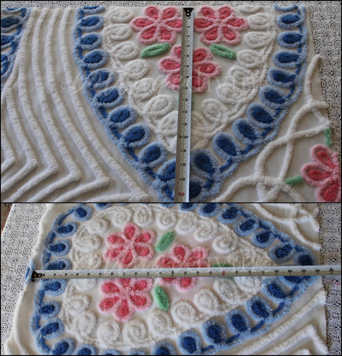 Adorable Pink & Blue Heart Roses Vintage Chenille Fabric, Classic 50s Design, 39" x 23" inch LARGE piece
