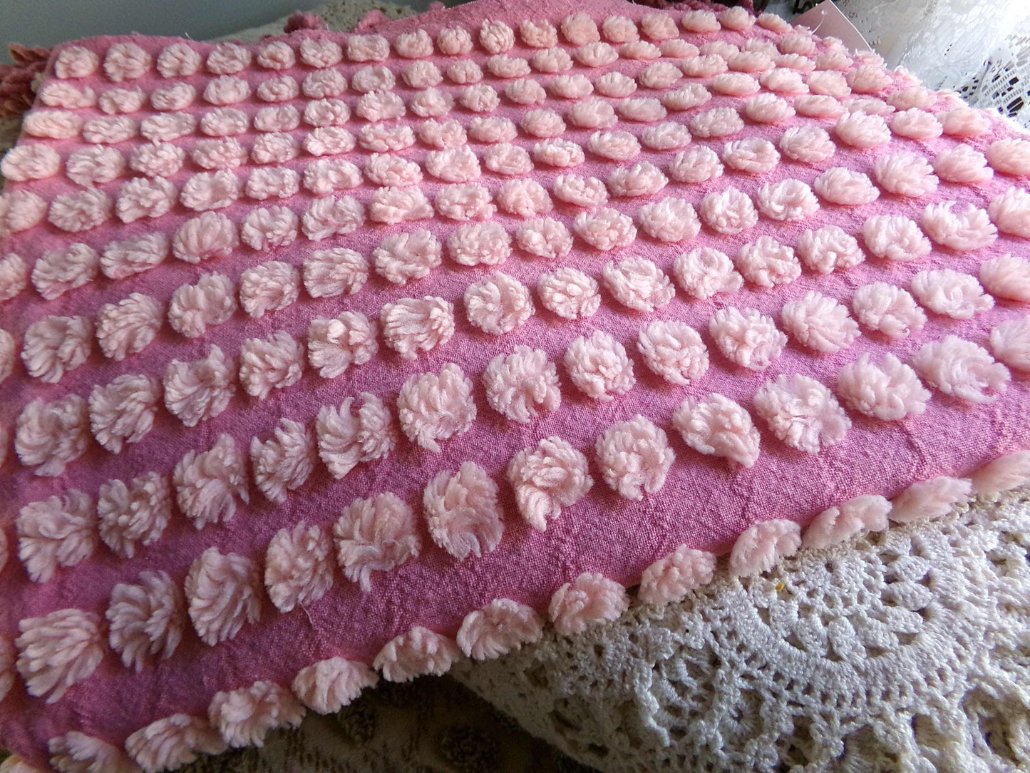 fluff puff pops chenille fabric, cute oversize bobbles on pink rose, 20" x 30" inch piece great for chenille quilts & sewing projects