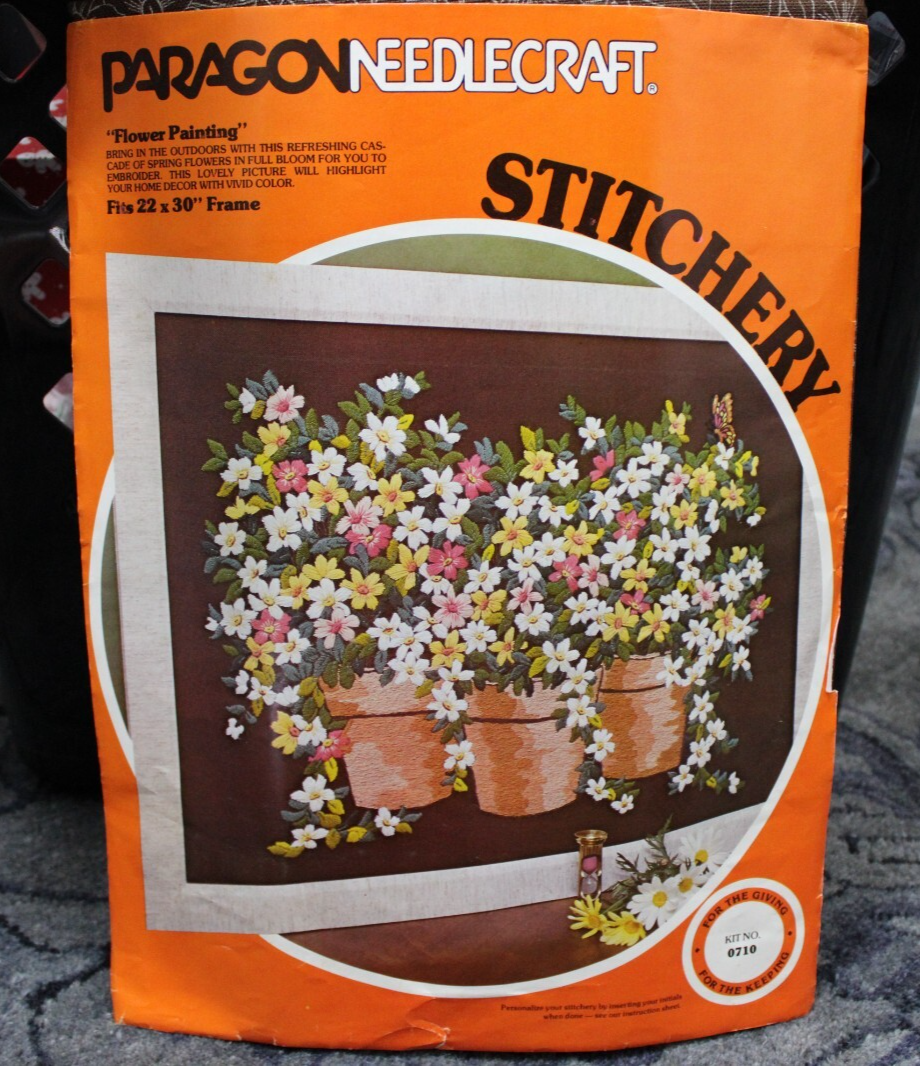Vintage "FLOWER PAINTING" Crewel Embroidery Kit Huge Rare Paragon Stitchery 0710