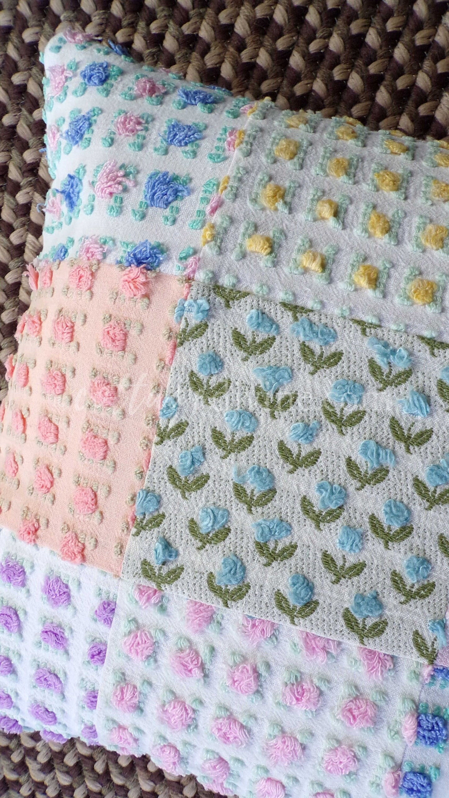 PATCHWORK Roses Floral Chenille Pillow Cover 16" x 16" inch Square, REVERSIBLE Accent Pillow Designed from Vintage Chenille Bedspread Fabric