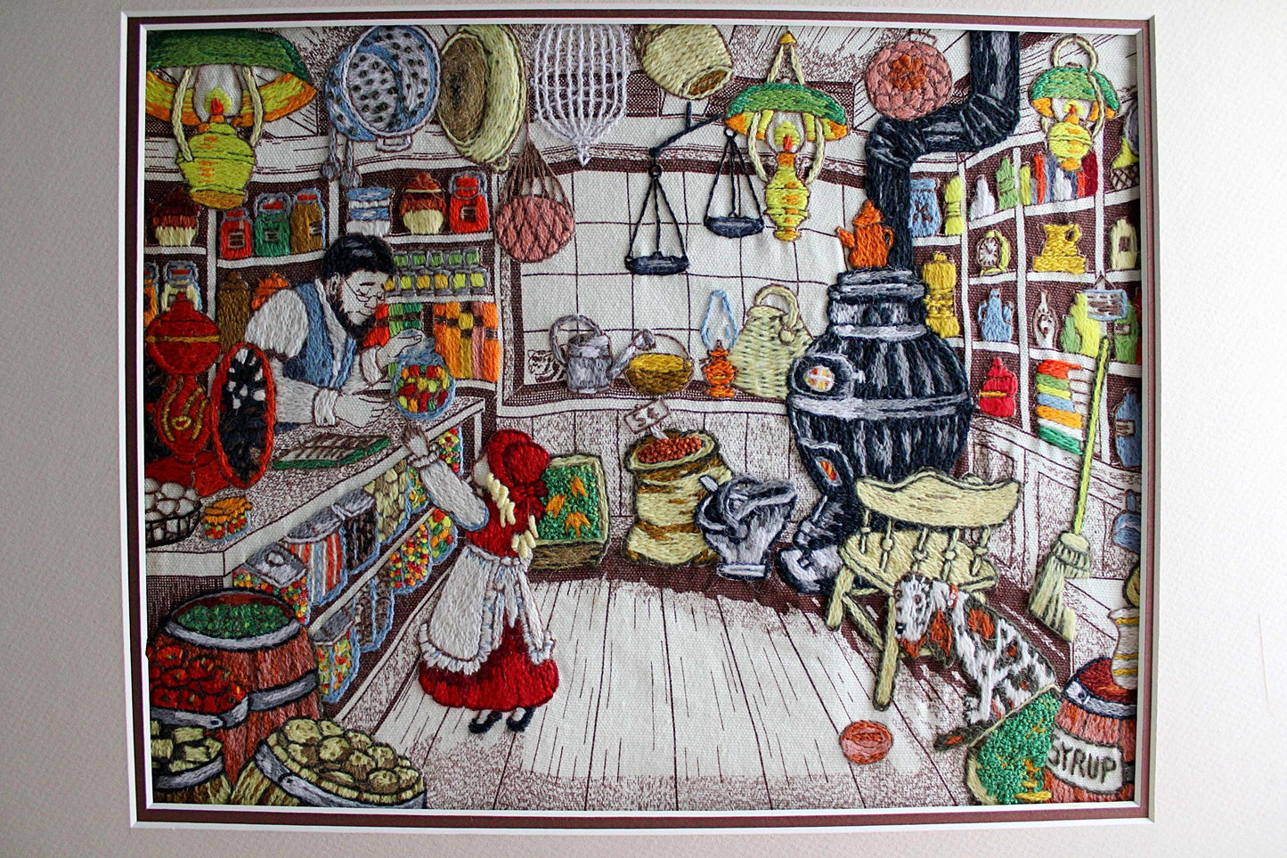 Old-Fashioned Country Store Crewel Embroidery Piece, "Penny Candy"" Completed Stitchery, Vintage Paragon Needlecraft, Outstanding Needlework