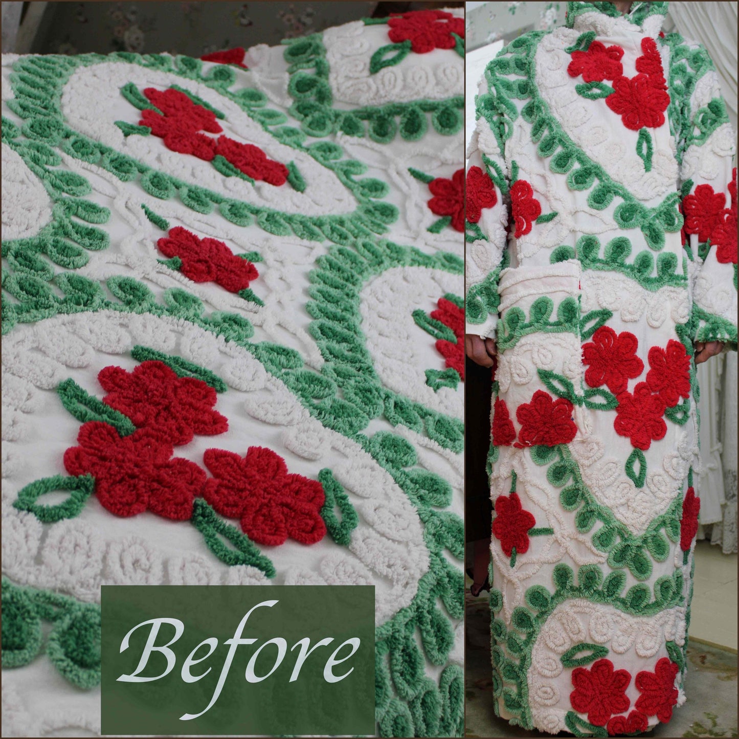 Winter Rose HOODED Chenille Robe, Green Hearts & Red Roses Bathrobe Upcycled from Vintage Midcentury Chenille Bedspread, Medium Large