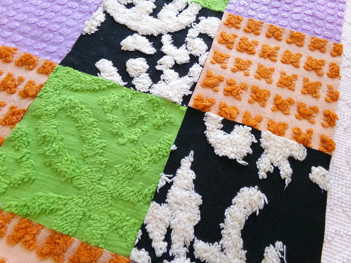 whimsical witch vintage chenille fabric squares, set of 16 playful 6" blocks for crafts, sewing in orange, black, green & lavender