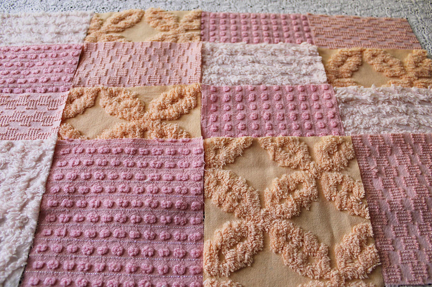 peach nectar vintage chenille fabric squares, set of 16 geometric 6" quilt squares in texturized geometric designs