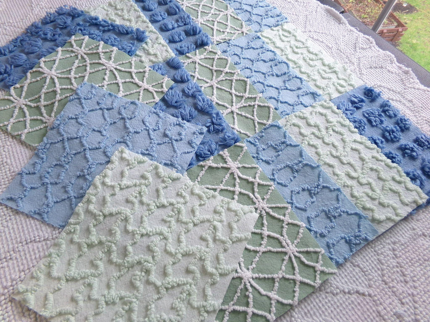 misty mermaid chenille fabric squares, 16 vintage 6" quilt blocks in coastal blue & green, for sewing, crafts, fiber arts