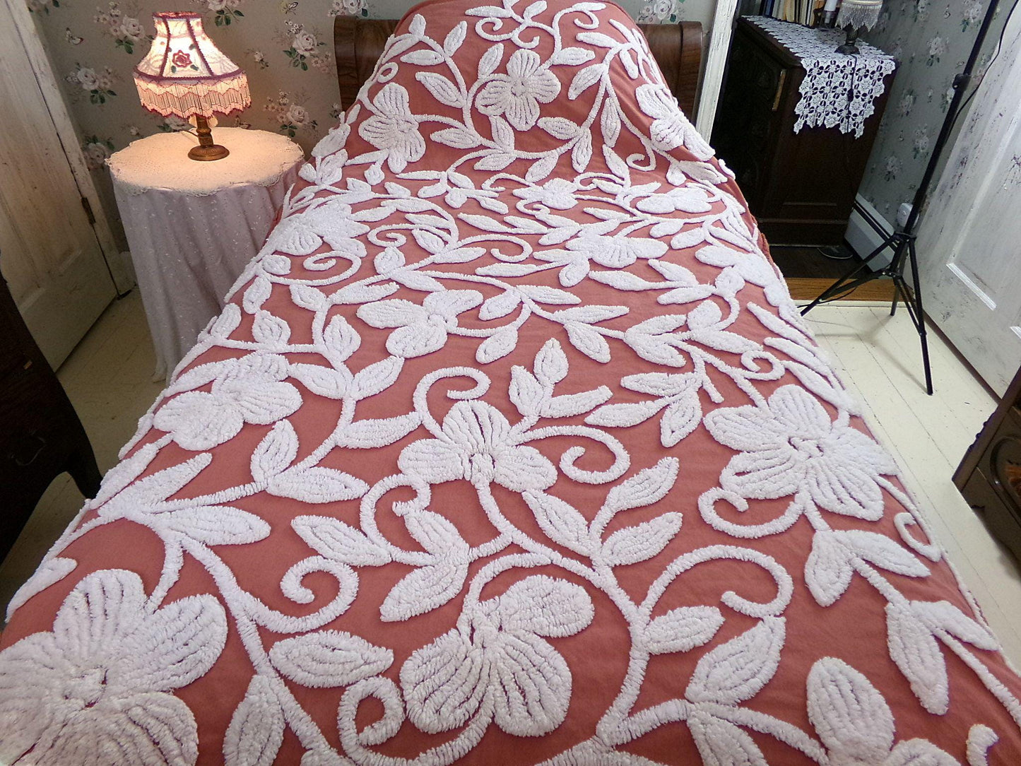 boho floral chenille bedspread, white climbing showy flowers on rusty terracotta vintage hippie 1970s style bedding