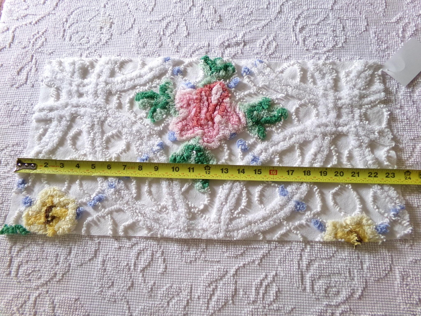pretty pink rose fabric piece, vintage floral chenille cottage shabby sewing material, 11" x 22" inches