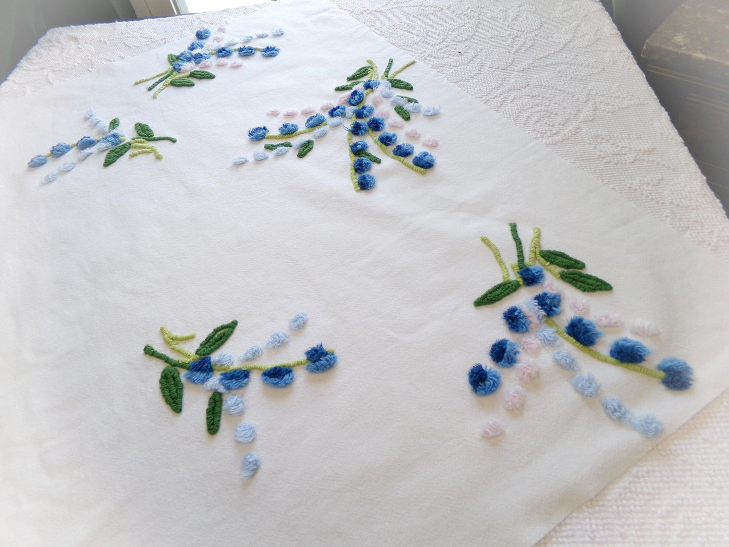 Lupine Flowers Vintage Chenille Fabric, Wideset Scattered Floral Design, 23" x 29" Piece of Cotton Sewing Material for Crafts & Quilting