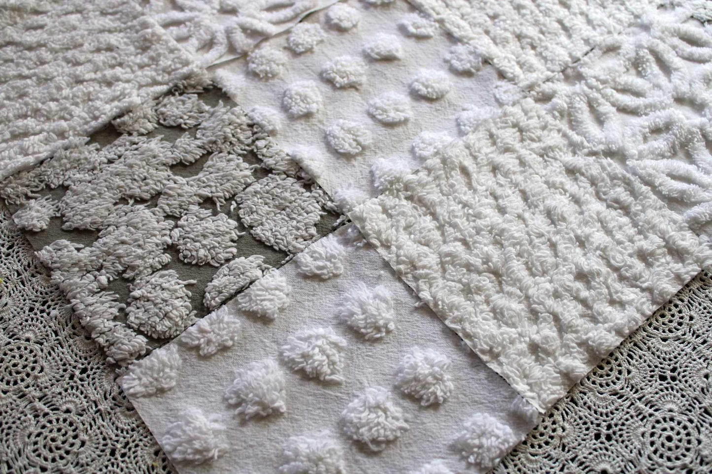 Blizzard Chenille Quilt Squares Set, Rotary Cut from Vintage Chenille Bedspread Fabric, 16 Blocks, 6" x 6" inch each