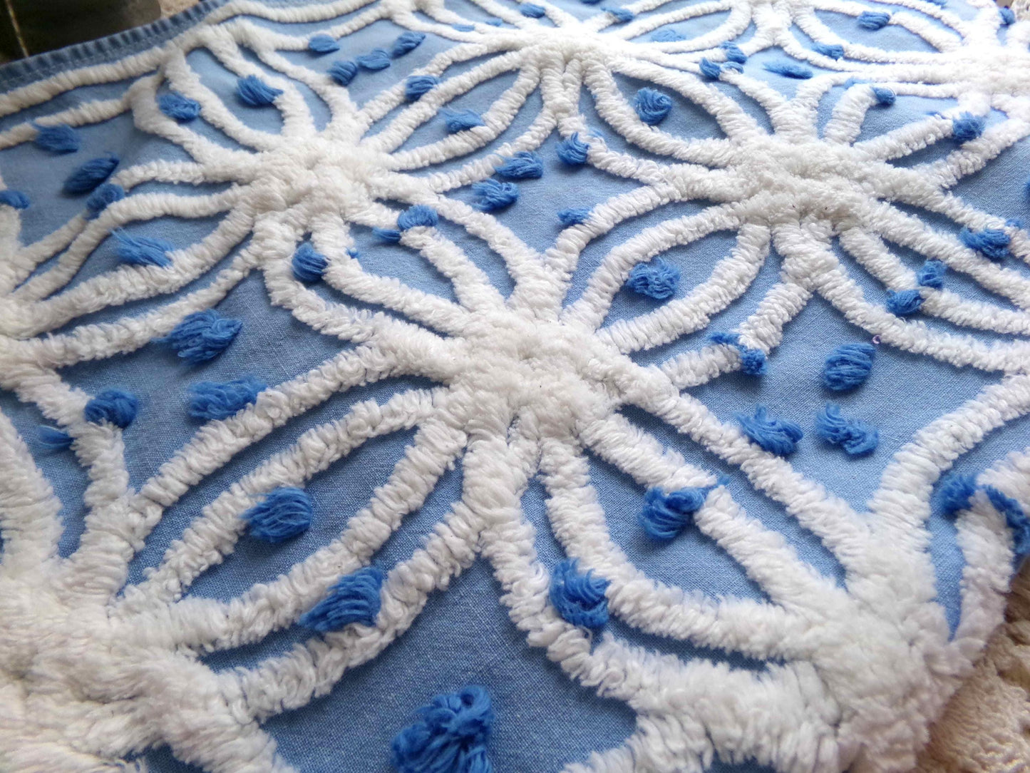 coastal chic blue vintage chenille fabric, white tufted spider rings & little pops, 24" x 18" inch piece