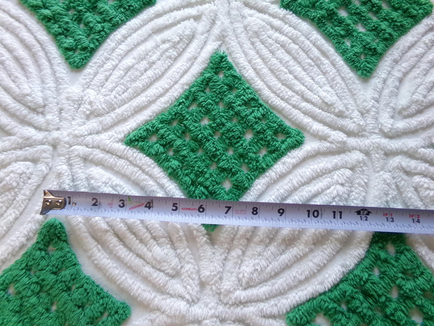 preppy chenille fabric, plush kelly green & white 23" x 20" inch piece of vintage sewing material for pillows, quilting, crafts
