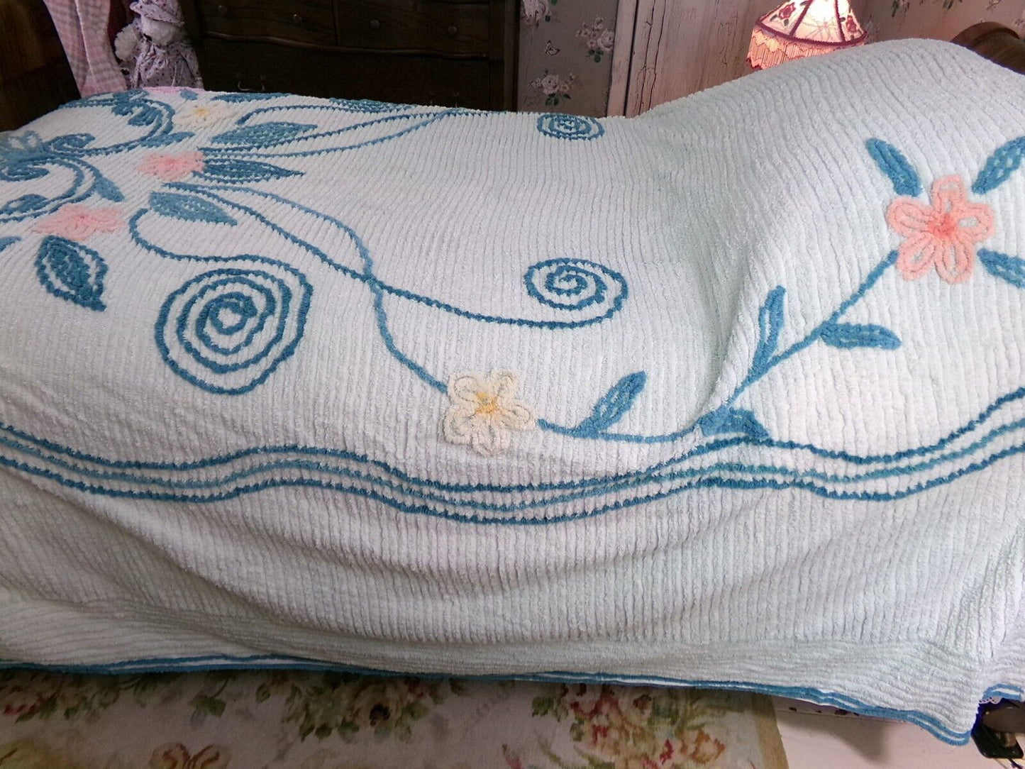 Mint Green Vintage Full Chenille Bedspread Midcentury Sprawling Scroll Floral Design