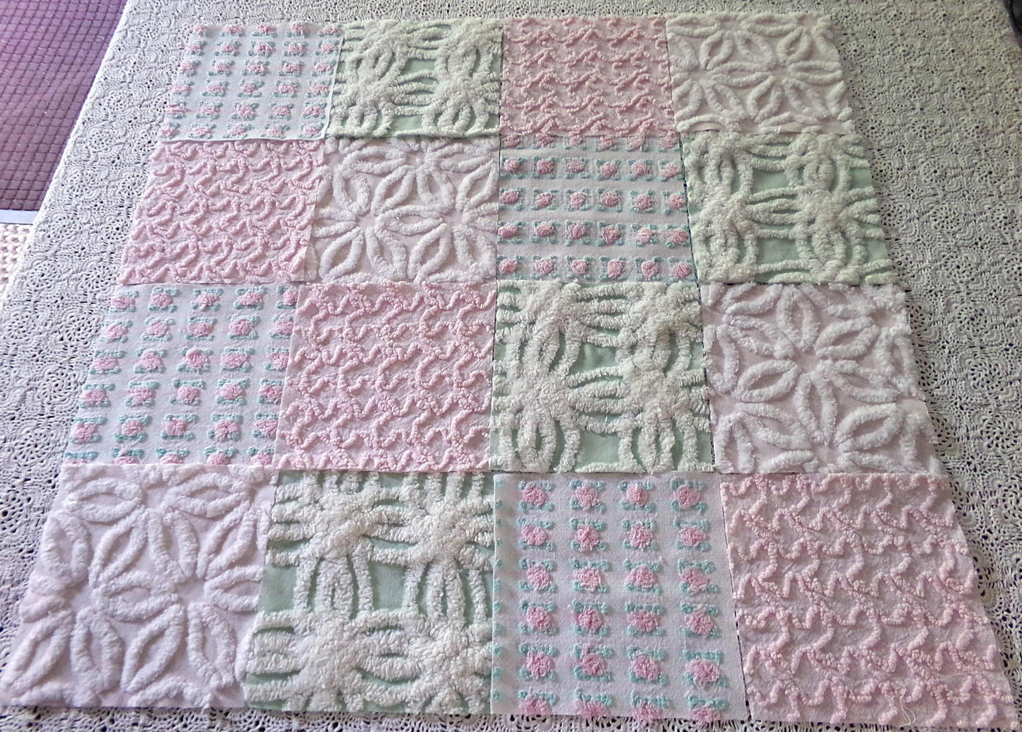 Chenille Squares Set, "Flower Petals," 16 Vintage Fabric Quilt Blocks, 6" inch in White Daisy, Pink Rosebud, Mint Green, Squiggles