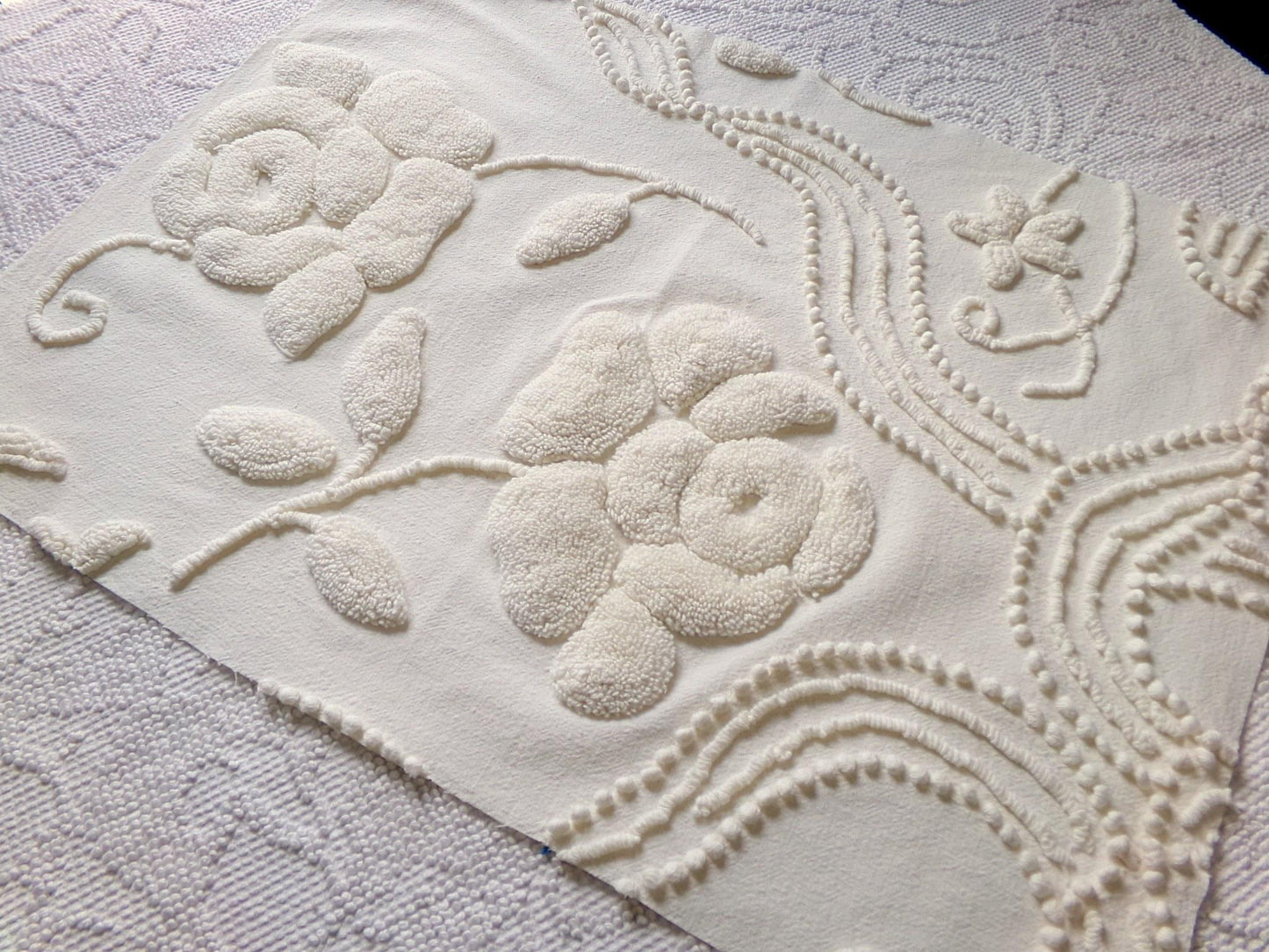 stylized ivory roses vintage chenille fabric, 100% cotton 16" x 21" cut piece w/ sprawling heavily tufted rose design for crafts, sewing