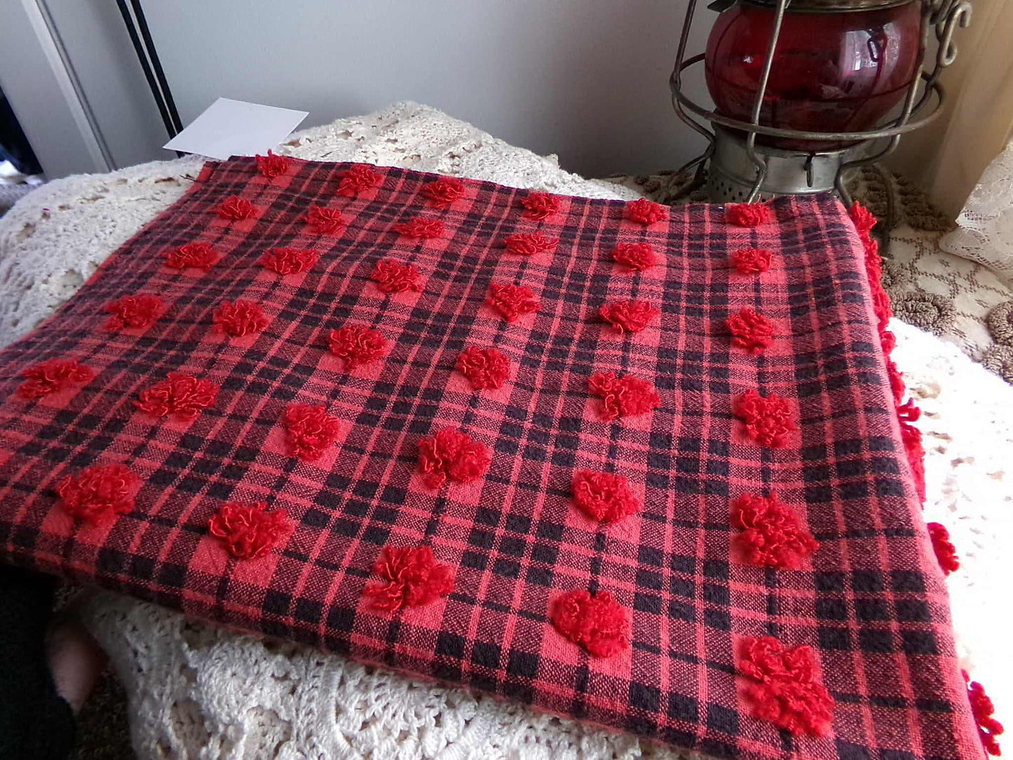 Midnight Black Tartan Plaid Vintage Chenille Bedspread Fabric, Tufted Deep Red Dots, 19" x 26" inch Piece, Lightweight Quilt Material