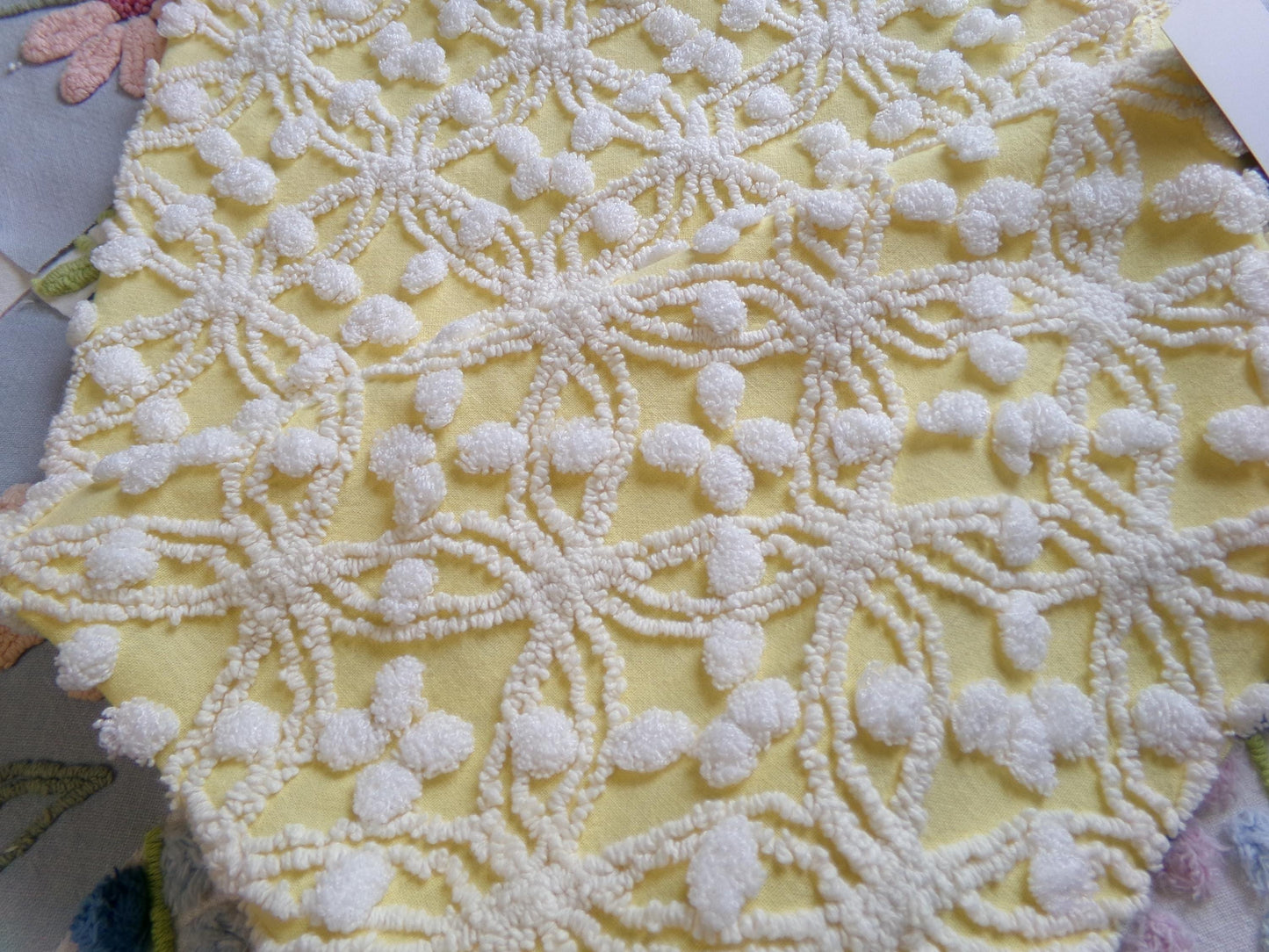 sunny yellow vintage chenille fabric, 20" x 24" piece of craft material for sewing, quilting in white overtufted pops & spider ring pattern