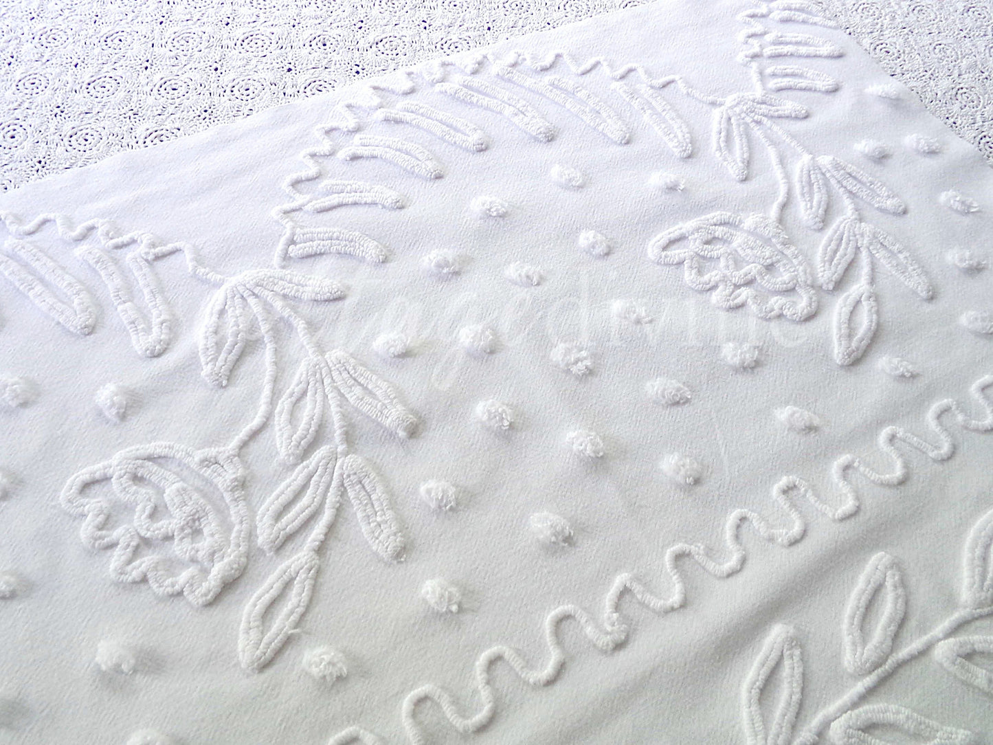 Lily White Dot Vintage Chenille Fabric Piece, 19" x 27" inches, Beautiful Farmhouse Style