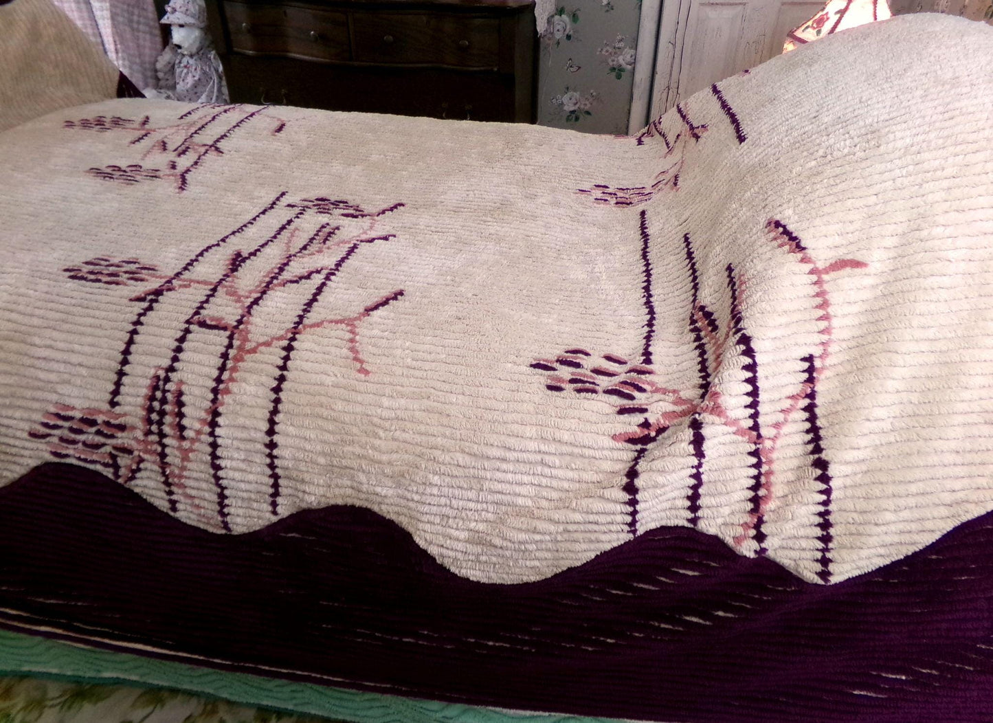 Shabby Cattails Vintage Chenille Bedspread in Art Deco Design, Honey Beige & Wine Twin Size Antique Bedding, #2
