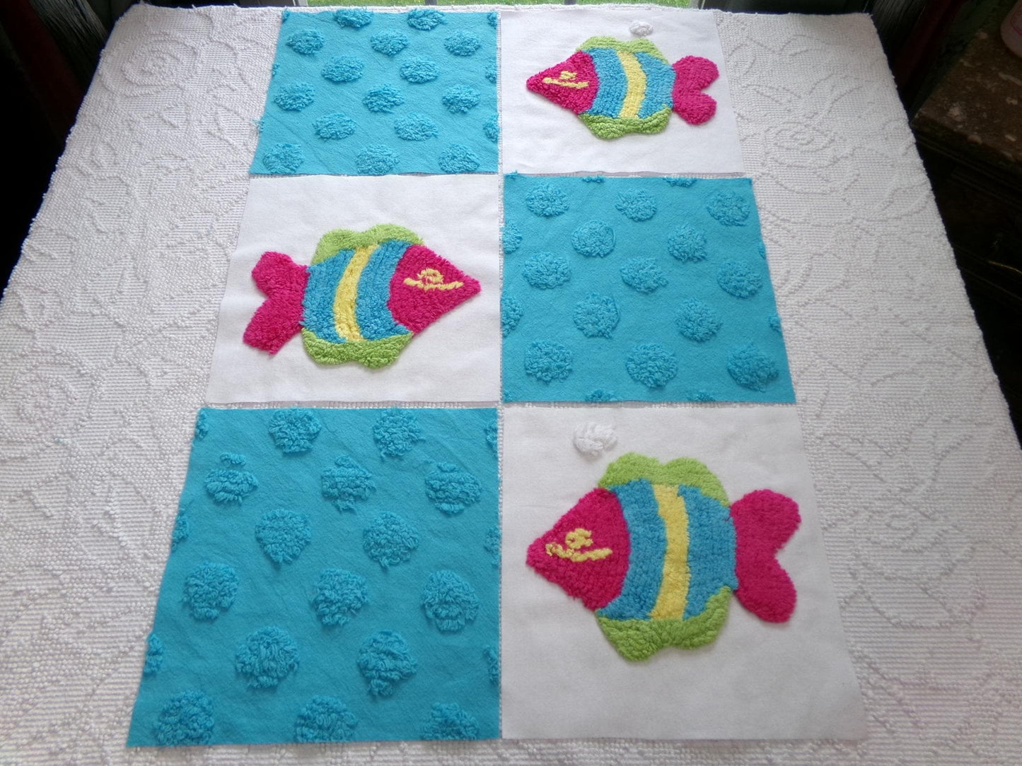fish fiesta chenille fabric squares, set of 6 large 9.5" square quilt blocks, colorful fishies & bright coin dots