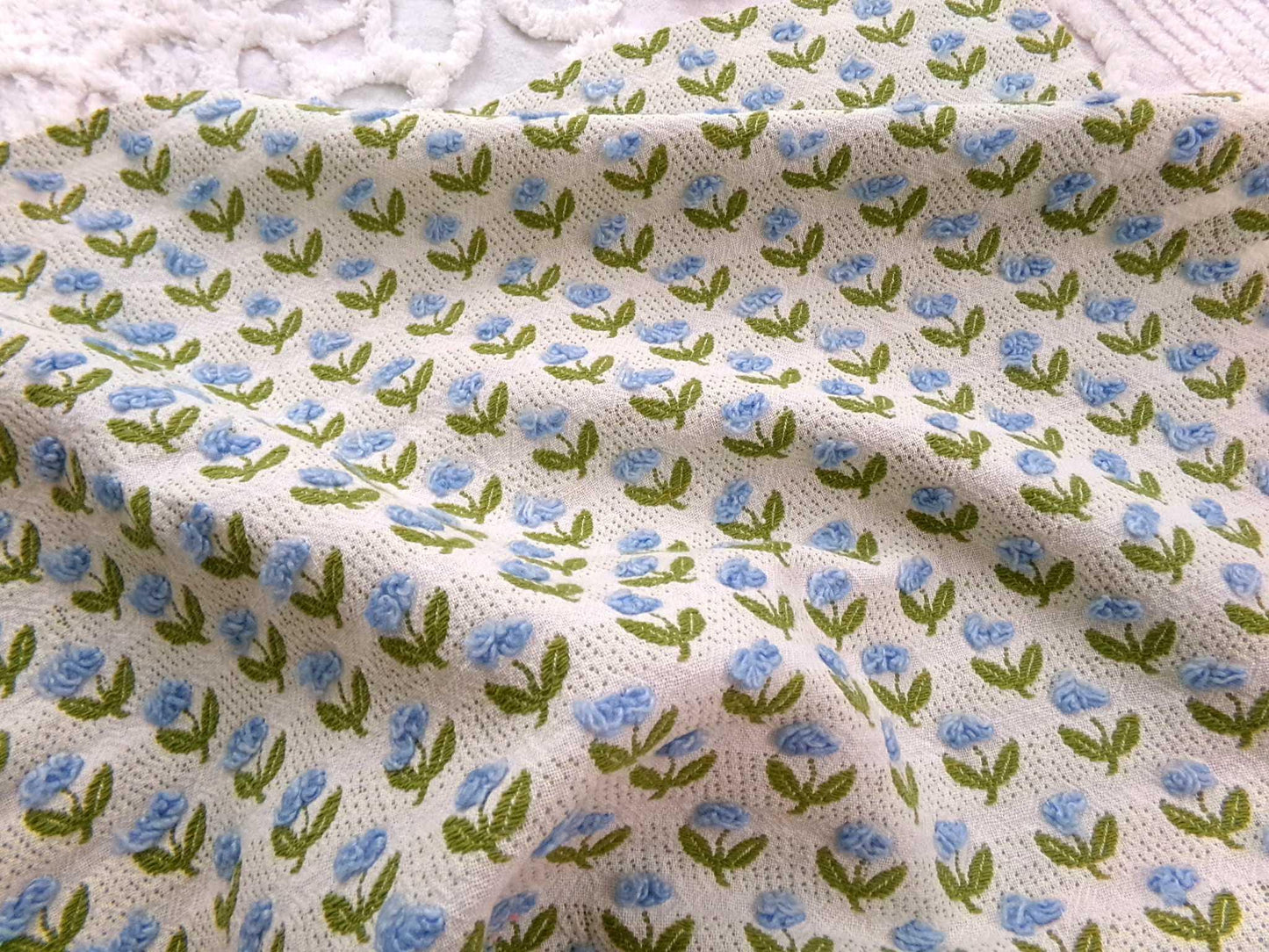 Tulip Garden Vintage Chenille Bedspread Fabric, Little Blue Flowers & Green Leaves, 12" x 24" inch Piece, Sewing Material for Quilts, Crafts