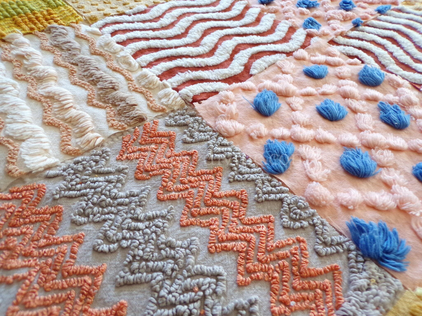 Southwestern Sunrise Chenille Quilt Squares Set from Vintage Bedspread Fabric, 16 Blocks, 6" x 6" inches each, Earthtones