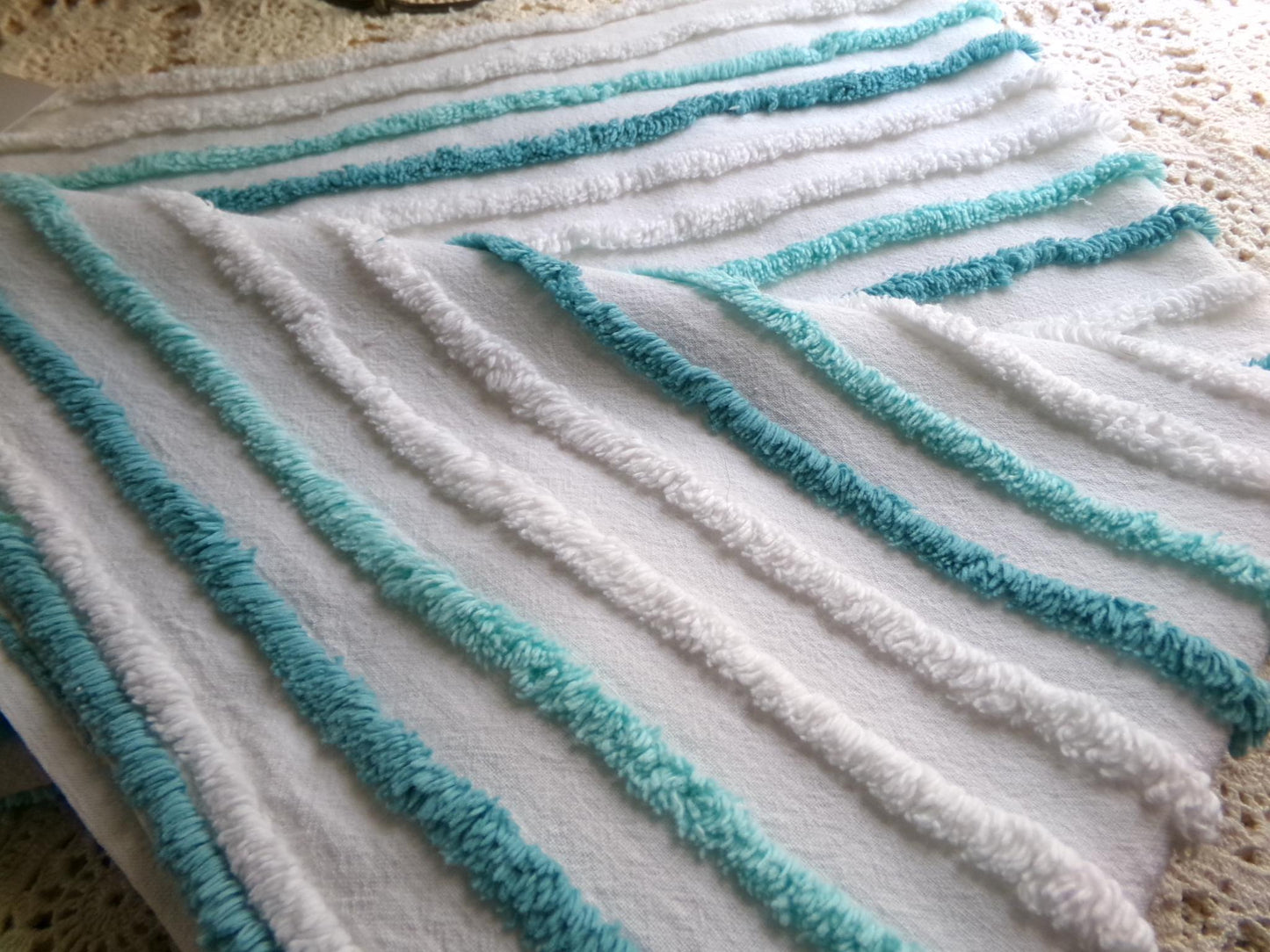 chic coastal cottage vintage chenille fabric, aqua, teal & white striped sewing material for chenille quilts, crafts, 17" x 27" inch piece
